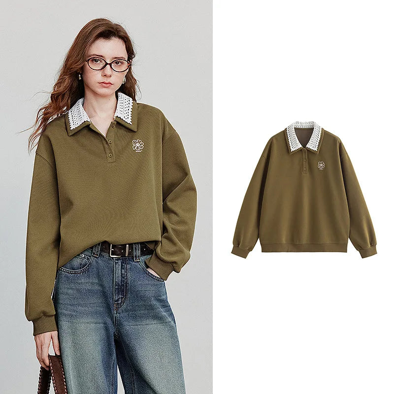 TOYOUTH Women Sweatshirt 2025 Autumn New Green Velvet Embroidery Contrasting Color Splicing Double Layer Collar Pullover Hoodies LadyShow.Store