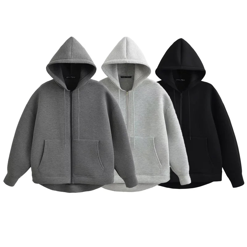 HXAO Hoodie Woman Outerwears Long Sleeve Demi-Season Women Jacket Coat Casual Sweatshirt With Zipper Grey Black Jacket Coats Pi-Mart