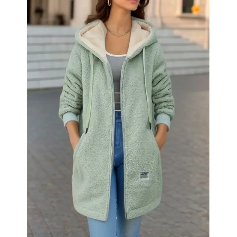 Women's Hooded Top  Winter Coat Thickened Fleece-lined Sweatshirt Cardigan Winter Trendy New Style Lamb Wool Jacket Ladies Pi-Mart