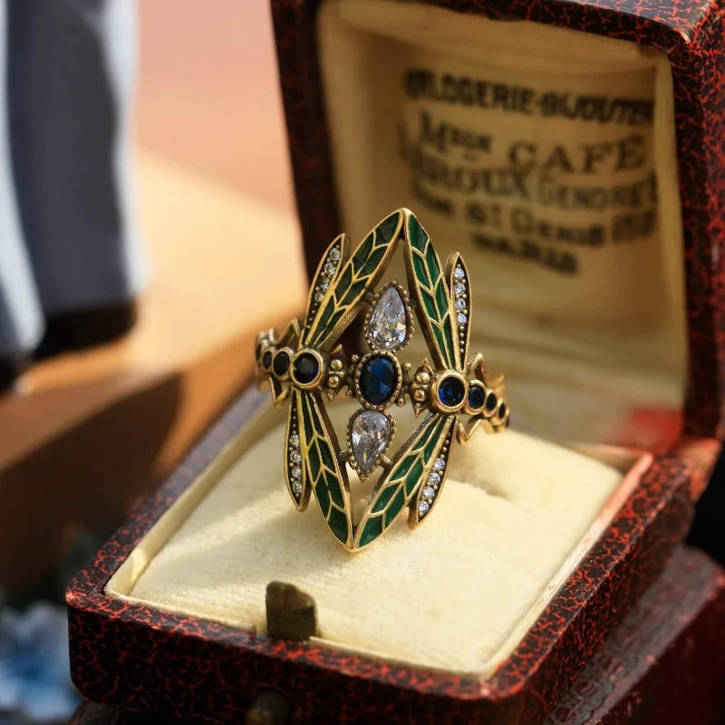 Gorgeous Vintage Insect Dragonfly Ring for Men Women Blue Cubic Synthetic Zirconia Party Jewelry Christmas Anniversary Gift Pi-Mart