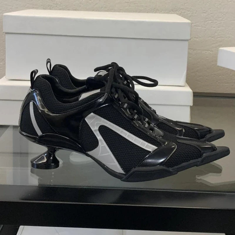 Silver Lace-up Sports Heels Women Fashions Pointed Toe Strange Style Mesh Sneakers Elegant Punk Shoes Female Luxury Brands Pumps LadyShow.Store