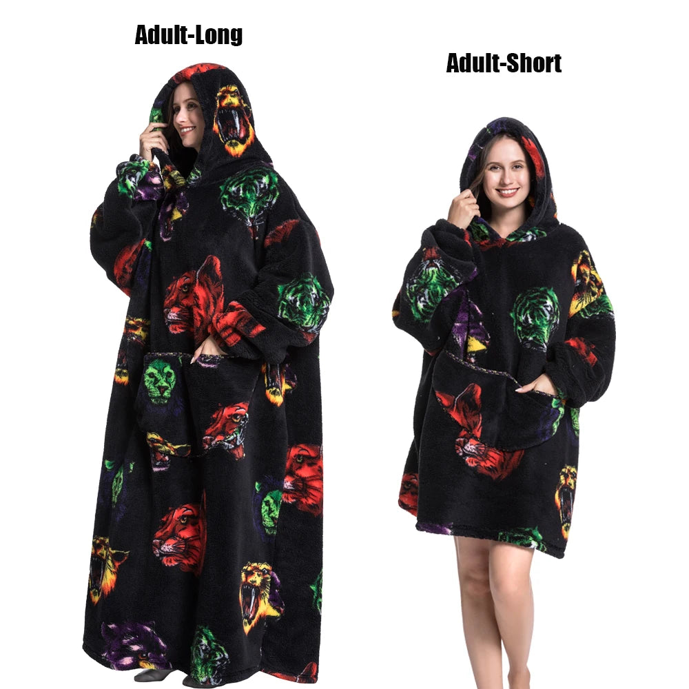 Women Plush Fleece Blanket Men Warm Thick Hoodies Adult Giant TV Blanlets with Sleeves Super Long Cold-proof Homewear Pajamas Pi-Mart