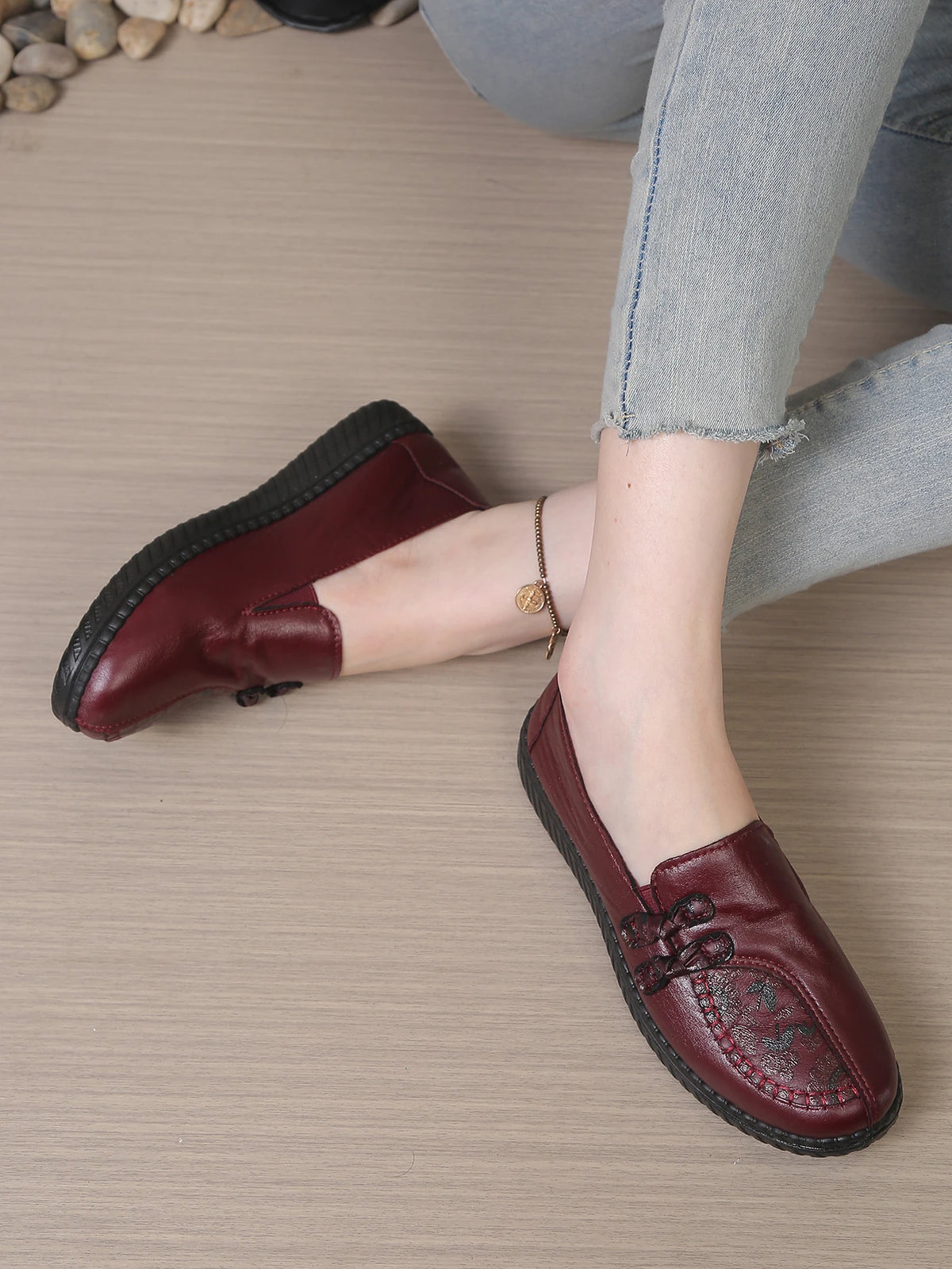 Women's Leather Flat Shoes, Spring and Autumn Women's Loafers, Single Classic Mom Shoes, Anti-Slip Comfortable and Free Shipping Pi-Mart