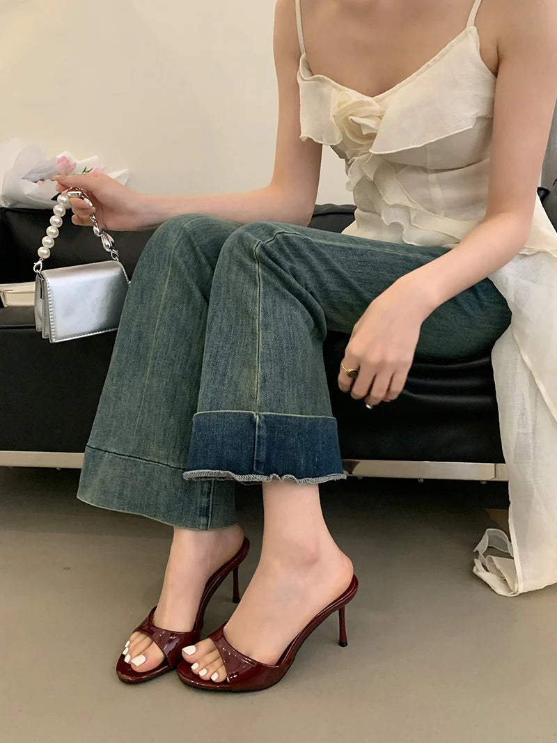 Liyke Wine Red Patent Leather Women Slippers Sandals Fashion Round Open Toe Thin High Heels Mules Slides Summer Party Dress Shoe Pi-Mart