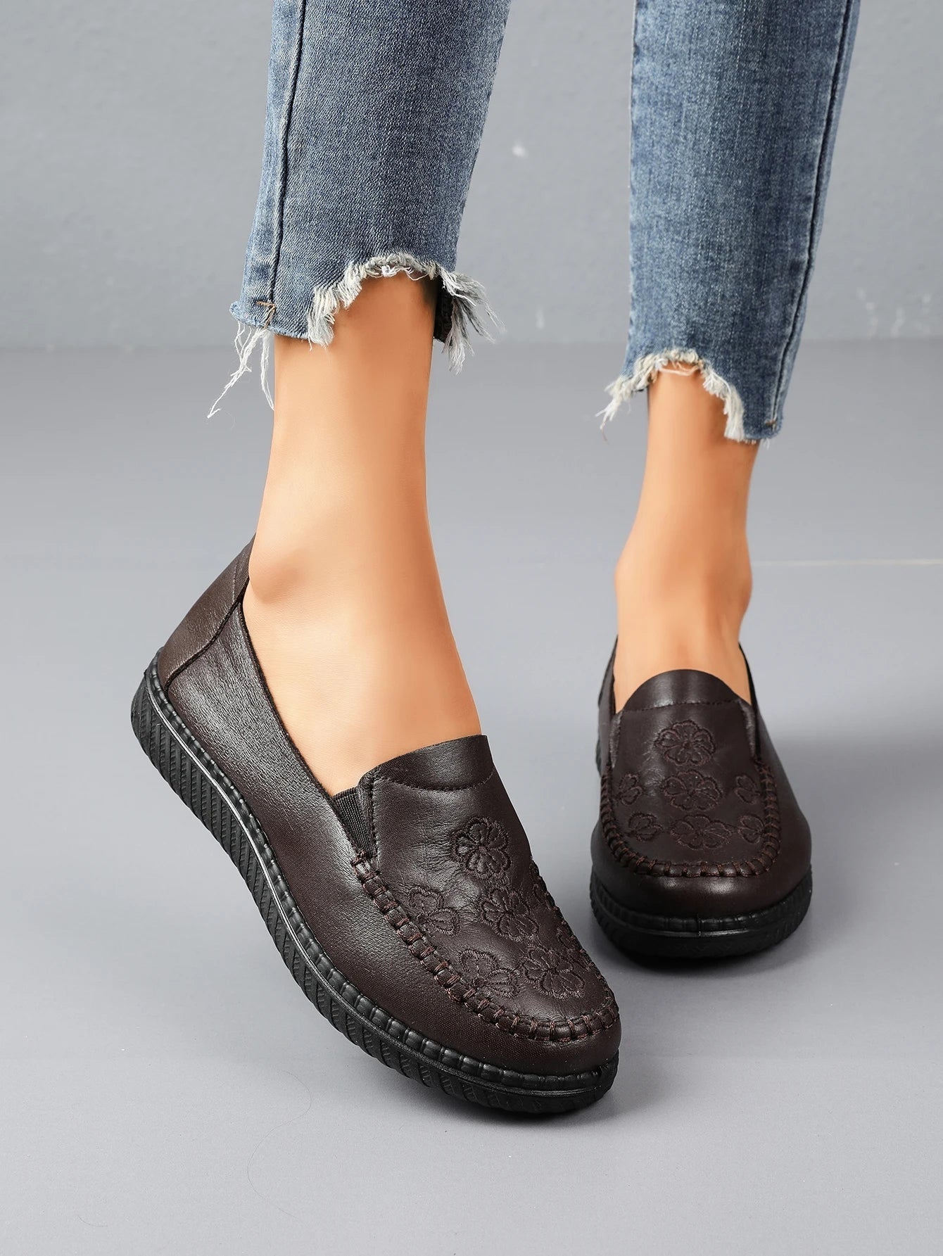 Women's Spring Autumn Leather Loafers Floral Embossed Slip‑On Flats Anti‑Slip Comfort Casual Mom Daily Walking Free Shipping Pi-Mart