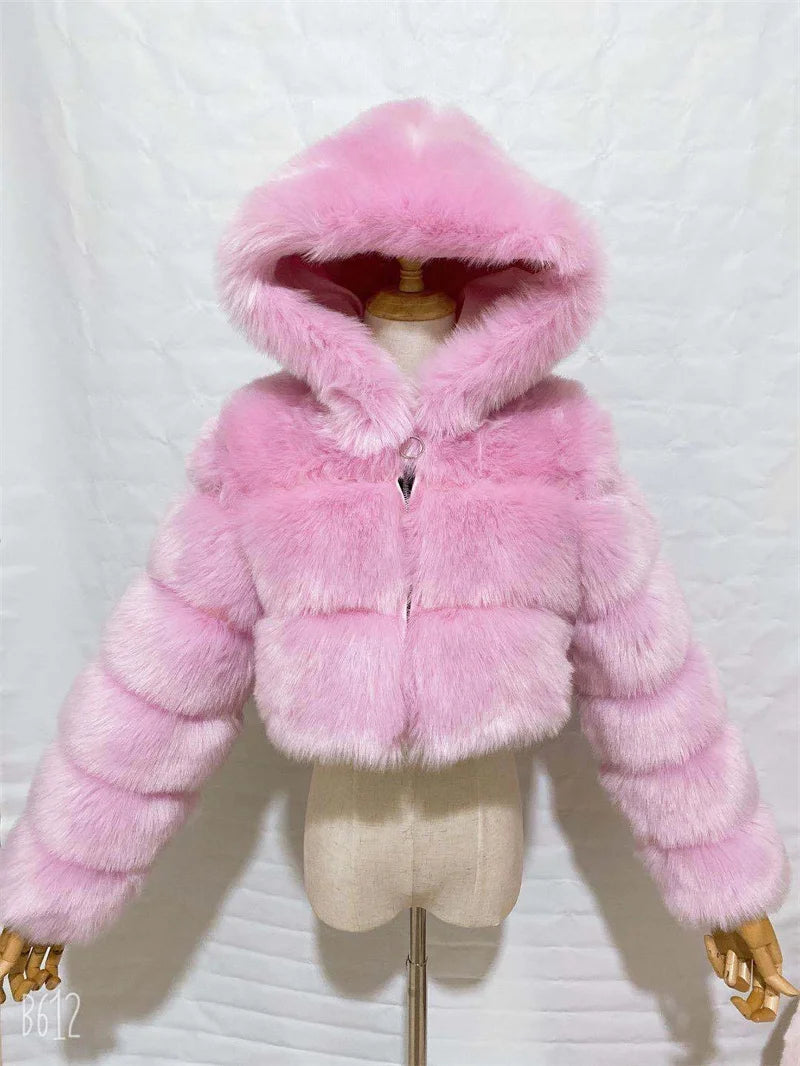 High Quality Furry Cropped Faux Fur Coats Jackets Women Fluffy Top With Hooded Winter Fur Jackets Fourrure Manteau Femme JH137 Pi-Mart