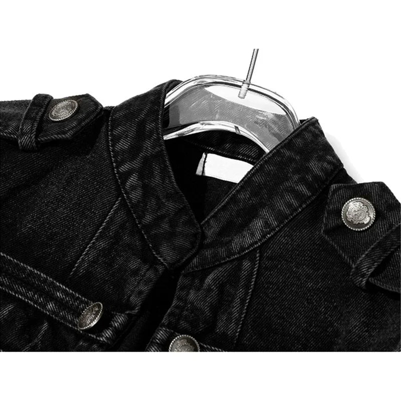 Streetwear Casual Loose Button Split Short Denim Jacket Women Fashion Spring Autumn 2026 Stand Collar Long Sleeve Jean Jacket LadyShow.Store