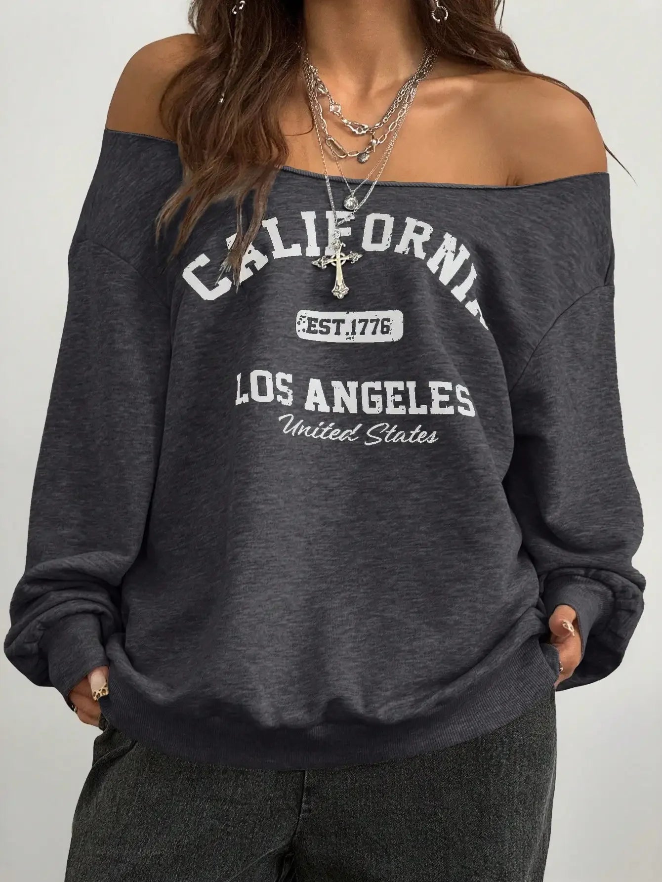 Casual Basic Knitted Single Shoulder Loose Long Sleeve Grey Sports Shirt Long Top Comfortable Loose Fit Grey Knitwear LadyShow.Store