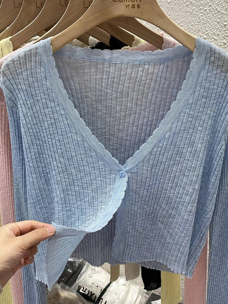 Summer Short Ice Silk Knitted Sun Protection Cardigan Women's Thin Suspender Skirt Layered Gauze Jacket Air-conditioned Cover Up LadyShow.Store