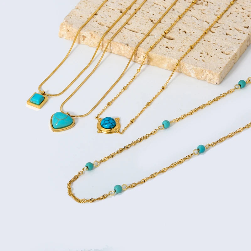 Stylish 18k Gold Plated Stainless Steel Blue Natural Stone Geometric Pendant Necklace for Women Waterproof  Collar Jewelry Gift Pi-Mart