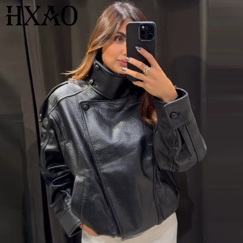 HXAO Faux Leather Black Jackets For Woman New Arrival Cropped Oversize Bomber Jacket Zip-Up Long Sleeve Coats Motorcycle Jackets LadyShow.Store