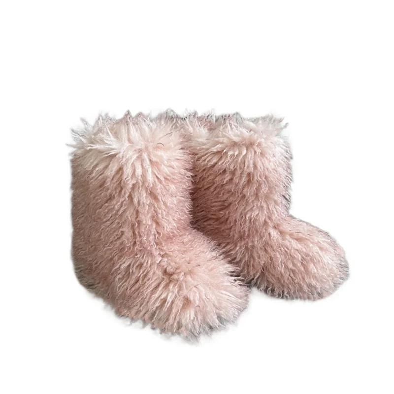 New Winter Fur Onepiece Raccoon Fur Female Snow Boots Fur Shoes Outdoor Mid Leg Boots LadyShow.Store