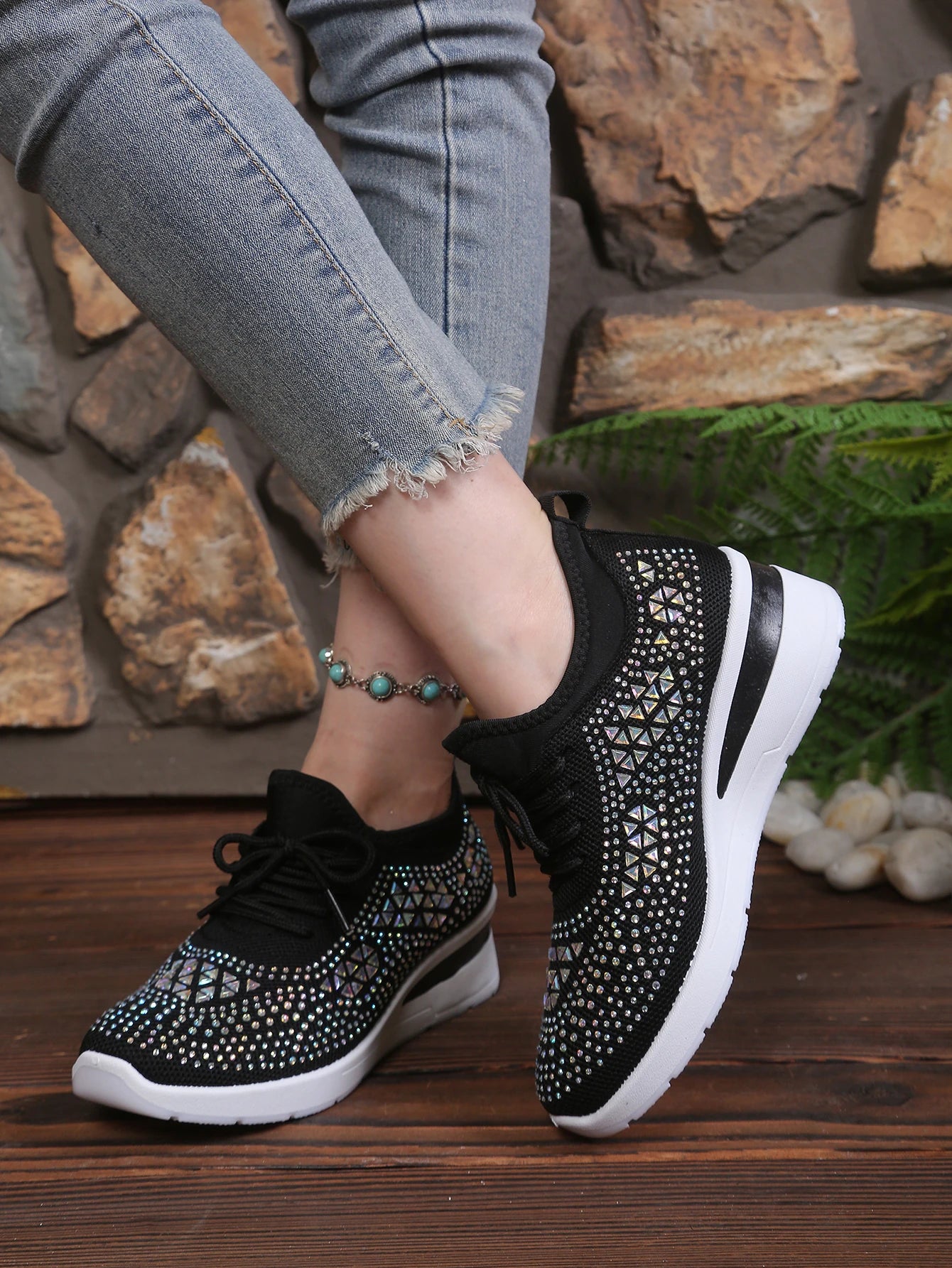 Women's Rhinestone Embellished Knit Mesh Wedge Sneakers, Adjustable Lace-Up Closure, Daily Walking Casual Footwear Pi-Mart