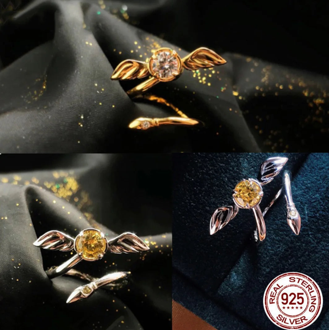 925 Sterling Silver  HP Cosplay Hary Potters Gold Snitch Ball Adjustable Rotatable Ring  Jewelry Props Women Men Couple Gifts Pi-Mart