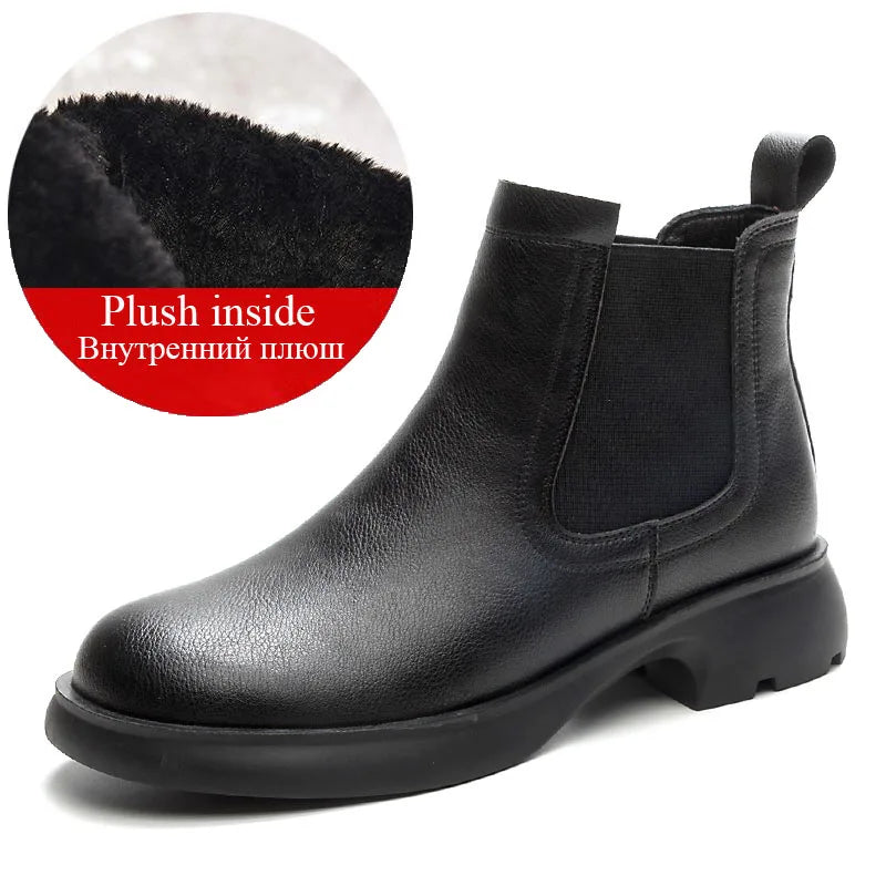 DRKANOL Fashion Women Thick Heel Ankle Boots Autumn Winter Warm Shoes Round Toe Real Cowhide British Style Slip On Chimney Boots Pi-Mart
