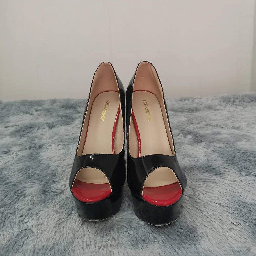 Women Pumps Sexy Platform Peep Toe 14cm Extremely Thin High Heels Stiletto Patent Leather Fashion Party Nighclub Wedding Shoes Pi-Mart