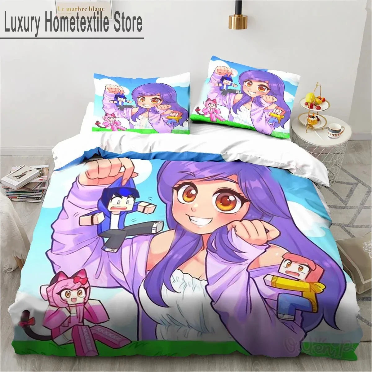 Cartoon Game Cute Aphmau with Wings Bedding Set Boys Girls Twin Queen King Size Duvet Cover Pillowcase Bed boys Adult Pi-Mart