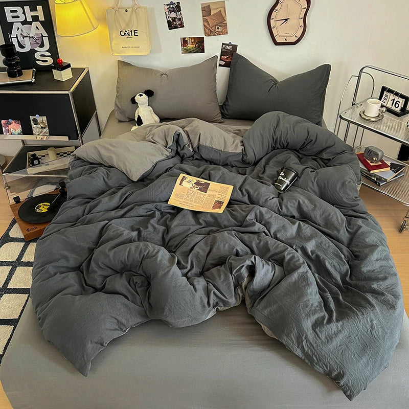 Washed Cotton Bedding Set with Pillowcase bed sheet Single Full Size Bed Linen Duvet Cover Set Queen/King Double Single Bed LadyShow.Store