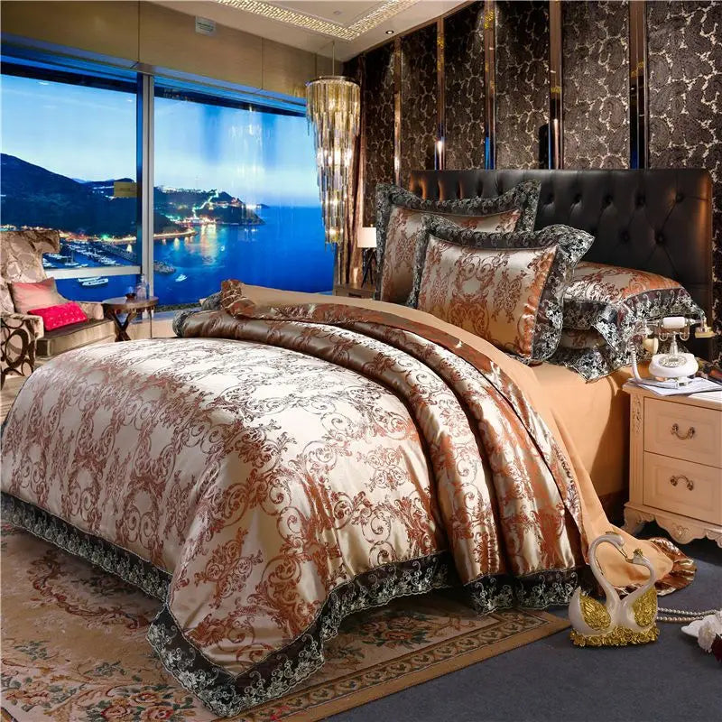 Luxury Jacquard Bedding Set Tencel Modal Duvet Cover 4PCS with Lace Satin Bed Sheet Pillowcases King and Queen Size Home Textile LadyShow.Store