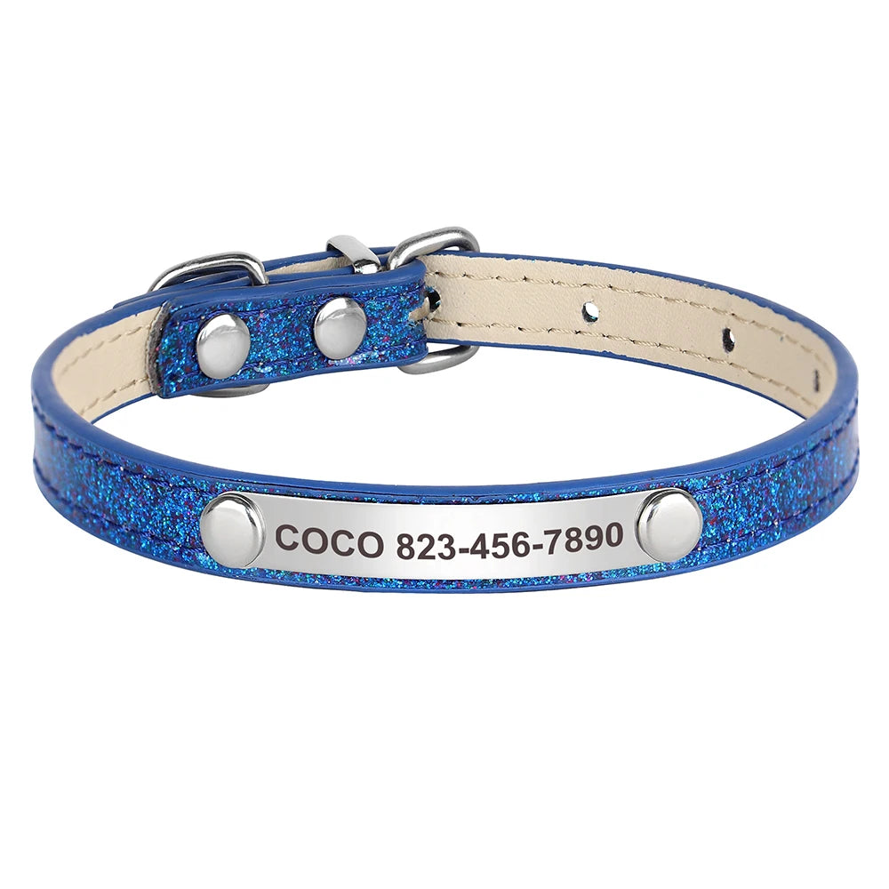 Personalized Cat Collar Custom Leather Cat Collars Free Engraved Puppy Kitten ID Necklace Bling Pet Collars for Small Dogs Cats Pi-Mart