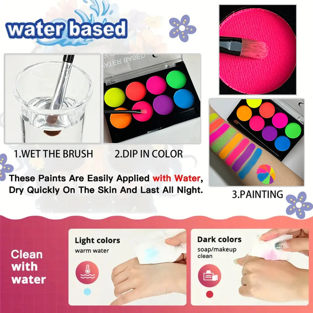 8 Colors Body Painting Palette for Tattoo Art UV Glow in The Dark Makeup Carnival Artist Cosplay Art Party Festival Cosmetics Pi-Mart