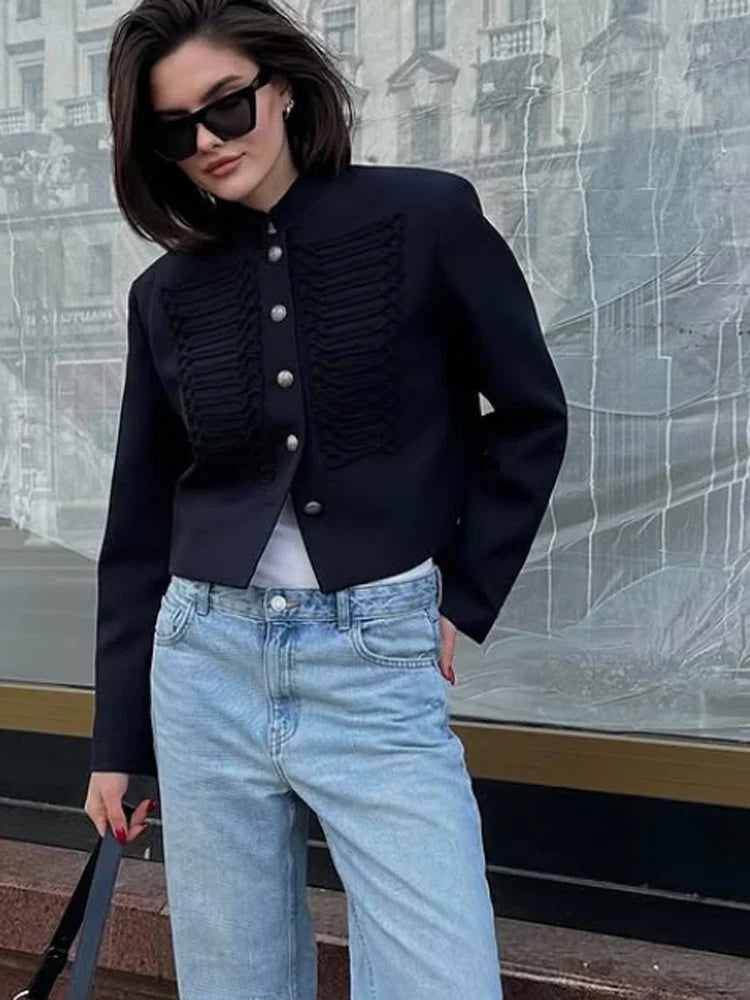 Retro Denim Military Jacket Women Vintage Solid Single Breasted Stand Collar Slim Short Jackets 2026 Lady Daily Street Outerwear LadyShow.Store