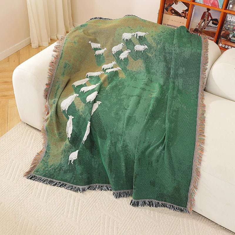 Textile City Sheep Herd Green Meadow Jacquard Woven Throw Blanket Whimsical Countryside Farm Animal Fringed Decor Sofa Blanket Pi-Mart