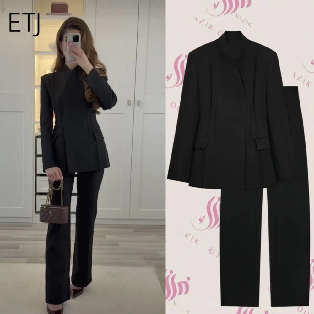 ETJ 2025 women's new fashion design three-dimensional cut high collar slim suit jacket & matching casual trousers LadyShow.Store