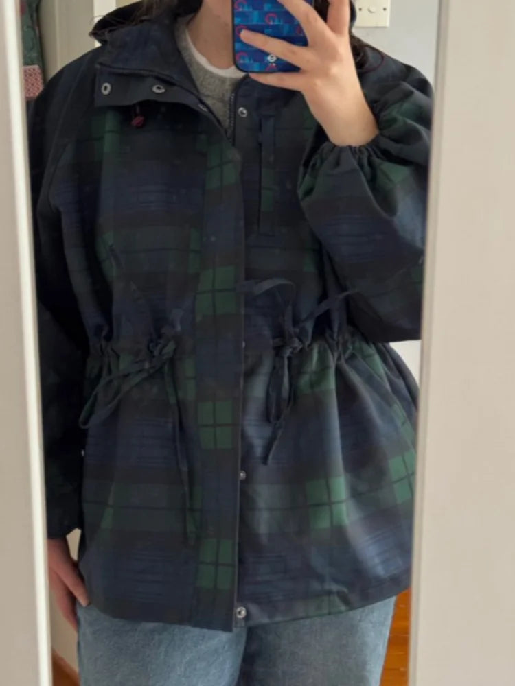 Vintage Plaid Women's Jacket Oversize Loose Stand Collar Coat Long Sleeve Hoodie Lace Up Outwears 2025 New Fall Lady Streetwears LadyShow.Store