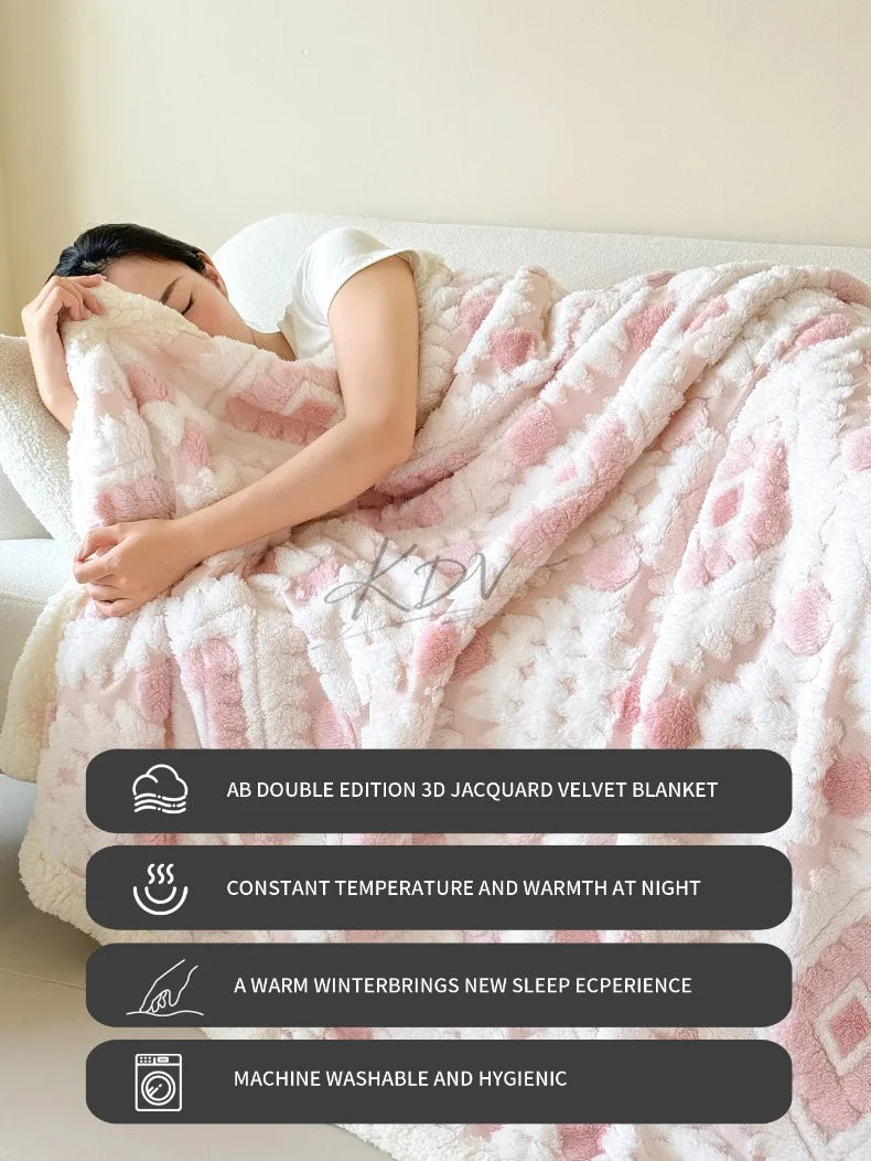Geometric Patterned Jacquard Fleece Blanket Double Layer Thick Warm Taffeta Sofa Throw Blanket Spring Autumn Plush Bed Blanket Pi-Mart