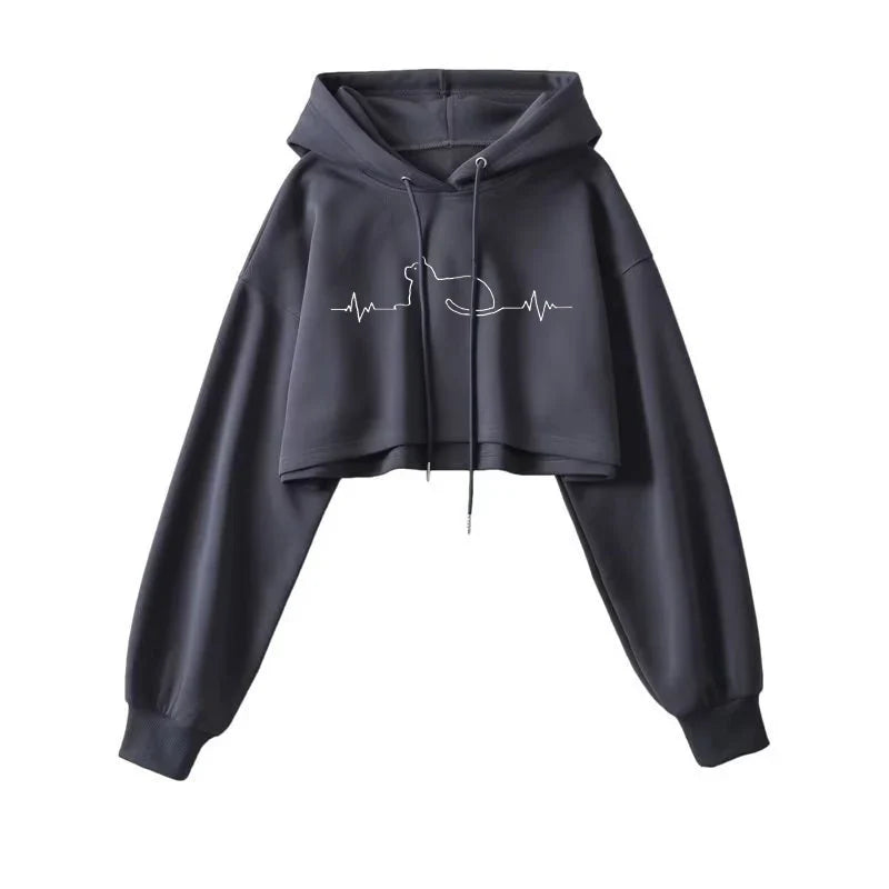 Sexy Short Hooded Sweatshirts Women Fashion Solid Color Long Sleeve Crop Tops Korean Streetwear Pullover Hoodies Female LadyShow.Store