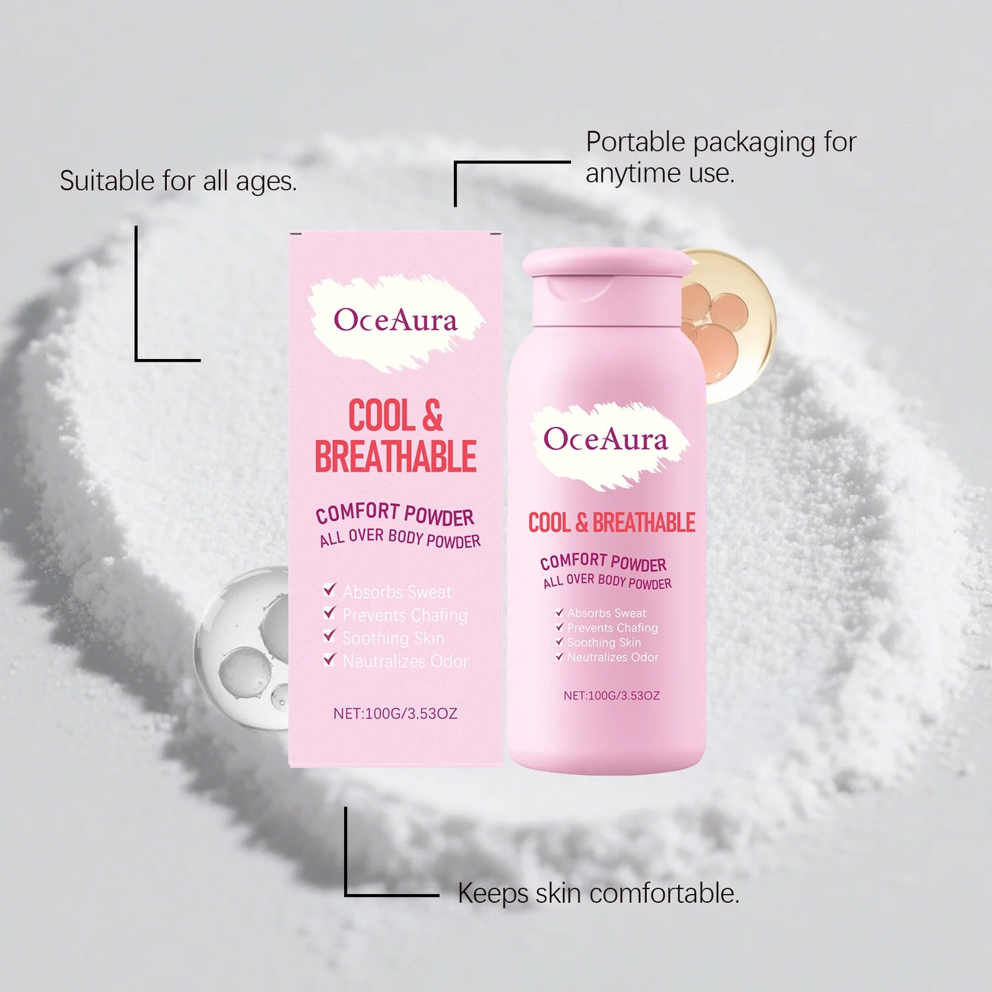 OceAura Body Powder Anti Sweat Armpit Groin Smooth Skin Soothing Comfortable Refreshing Odor Eliminator Anti Chafing Powder 100g Pi-Mart