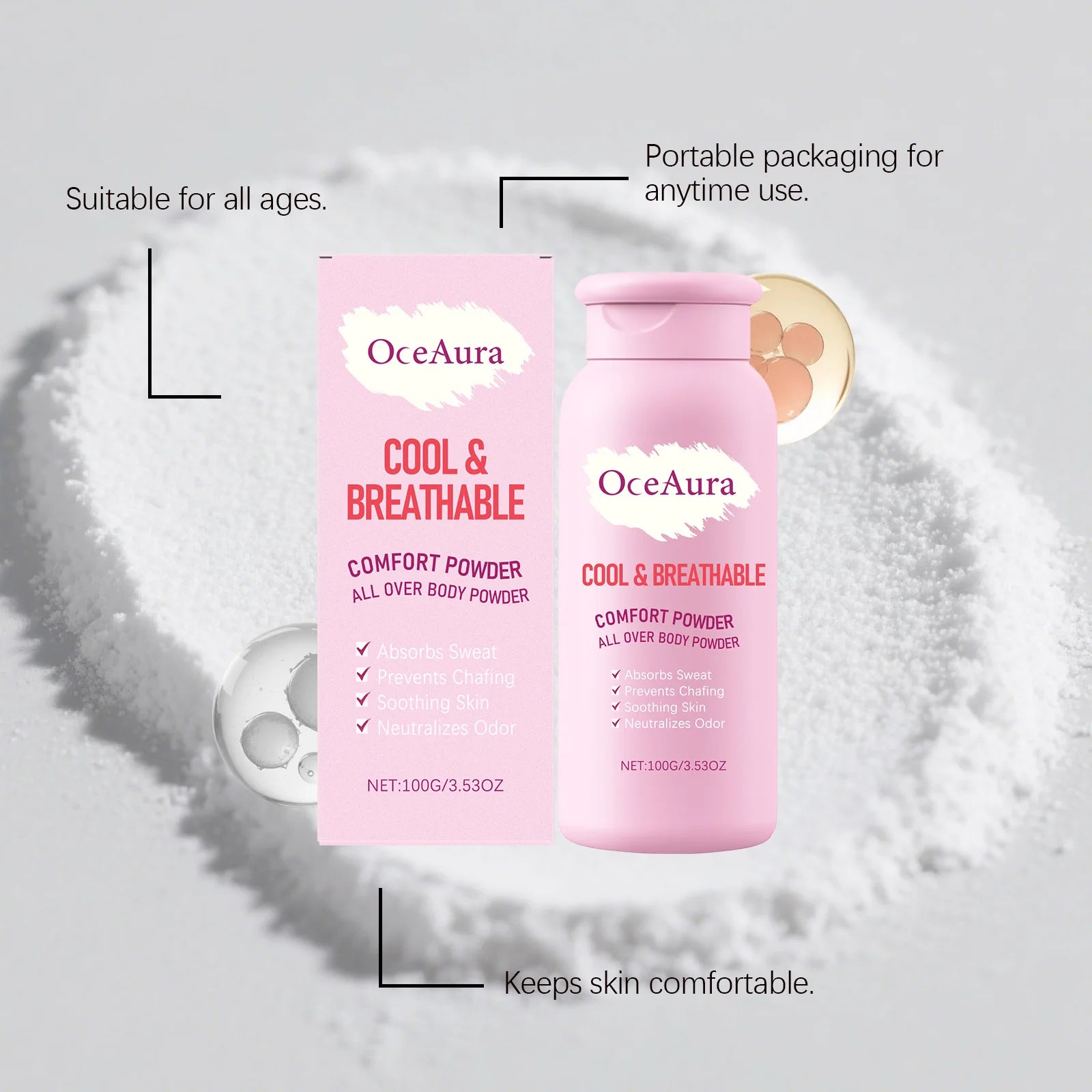 OceAura Body Powder Anti Sweat Armpit Groin Smooth Skin Soothing Comfortable Refreshing Odor Eliminator Anti Chafing Powder 100g Pi-Mart