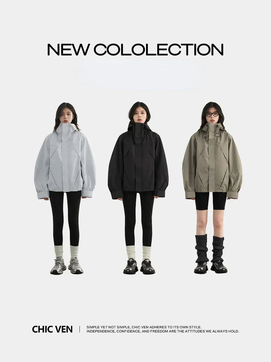 CHIC VEN Women Jacket Loose Solid Outdoor Jackets Casual Sports Hooded Short Coat Windproof Female Clothing Autumn Winter 2024 LadyShow.Store
