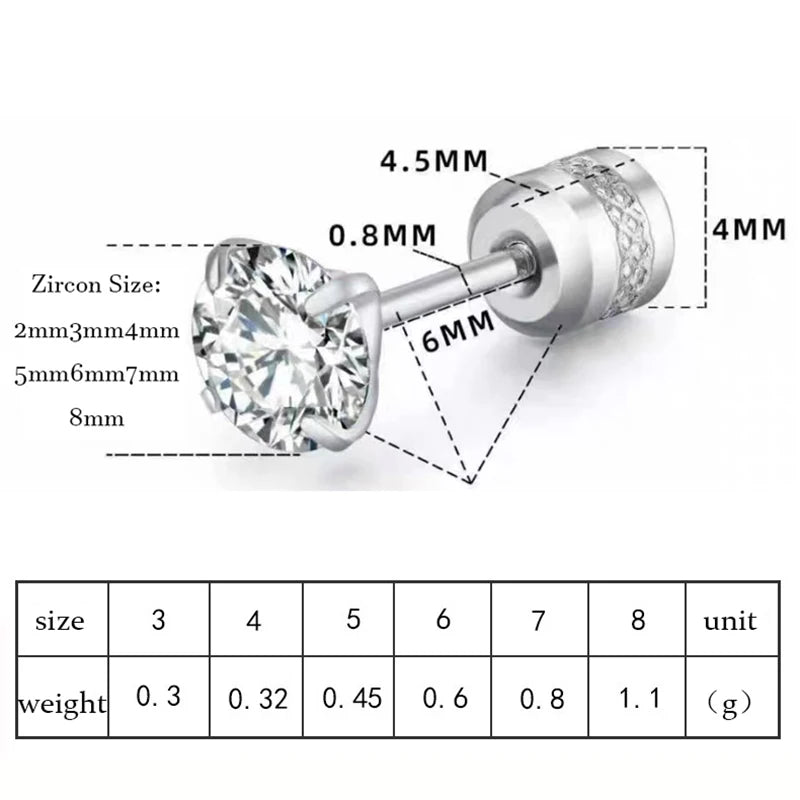 TOP 4 Color Titanium Steel Stud Earrings for Men Women CZ Zircon Screw Silver Black Rose Golden Earring Best Gift Jewelry Pi-Mart