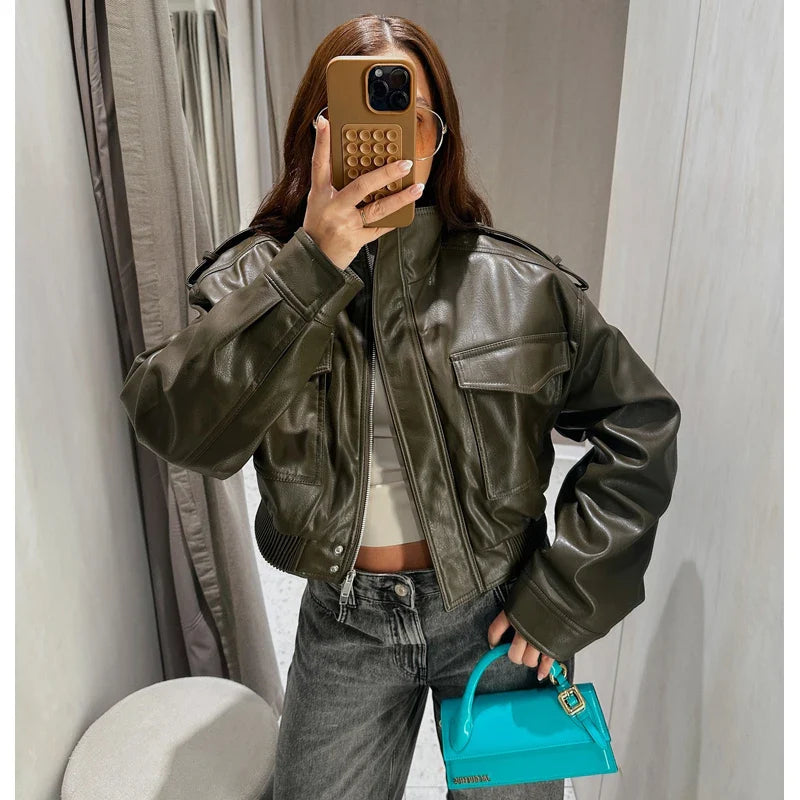 MUJER Faux Leather Cropped Jacket Women Bomber Demi-season Jackets for Women Long Sleeve Women's Coats Zip Overcoat Jacket Women LadyShow.Store