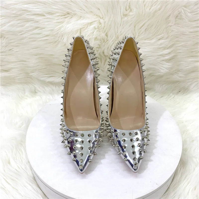 Women New Rivet High Heels 12CM Fashion Pointed Toe Party Single Shoes Europe And America Club Stage Pumps Silver Plus Size 43 Pi-Mart