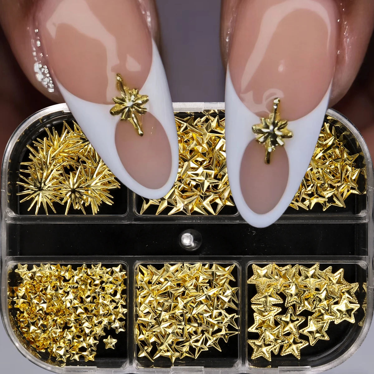 6/12Grids Gold Star Moon Metallic Rivet 3D Nail Charms Alloy Sun Moon Starlight Rhinestones Nail Studs For Nail Art Decoration Pi-Mart