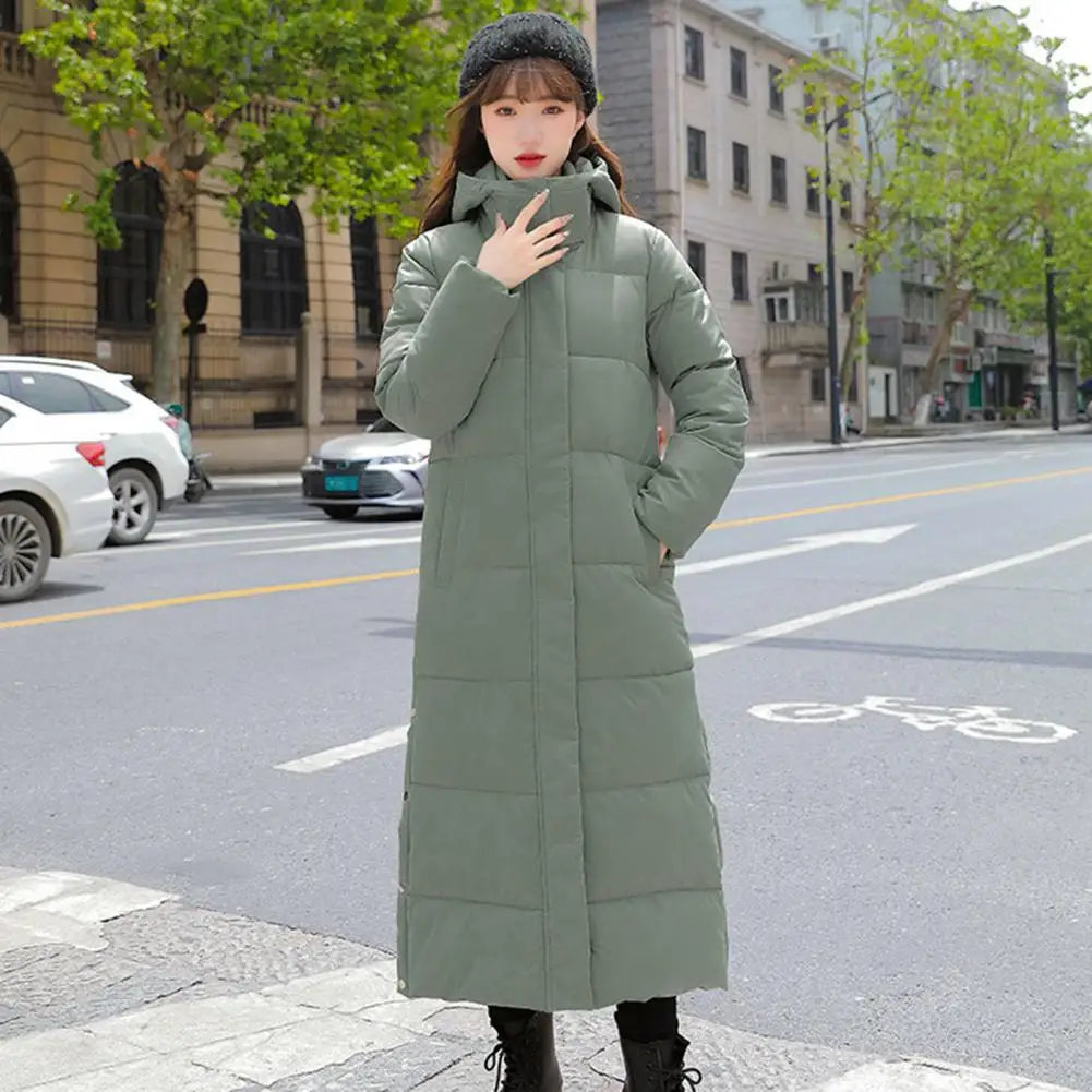 2024 Oversized Coat Hooded Long Sleeve Pockets Side Slit Hem Down Jacket Pockets Thickened Long Warm Down Cotton Outwear LadyShow.Store