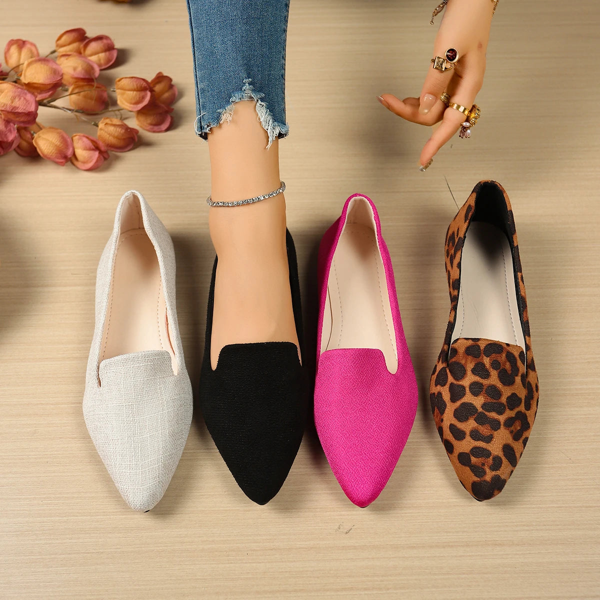 Women Flats Pointed Toe Solid Color Flats for Women Spring/autumn Casual Comfortable Leopard Brown Flat Heel Shoes Pi-Mart