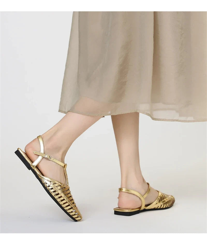 ZAROY Designer Narrow Band Flat Sandals Women Summer Point Toe Ankle Buckle Hollow Roman Sandal Plus Size Casual Beach Sandalias LadyShow.Store