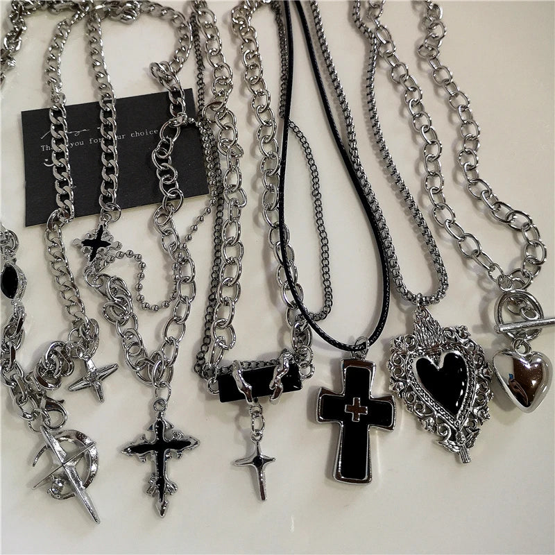 Punk Rock Black Heart Cross Pendant Chain Necklace For Men Women Cool Hip Hop Street Vintage 90s Y2K Grunge Goth Accessories Pi-Mart