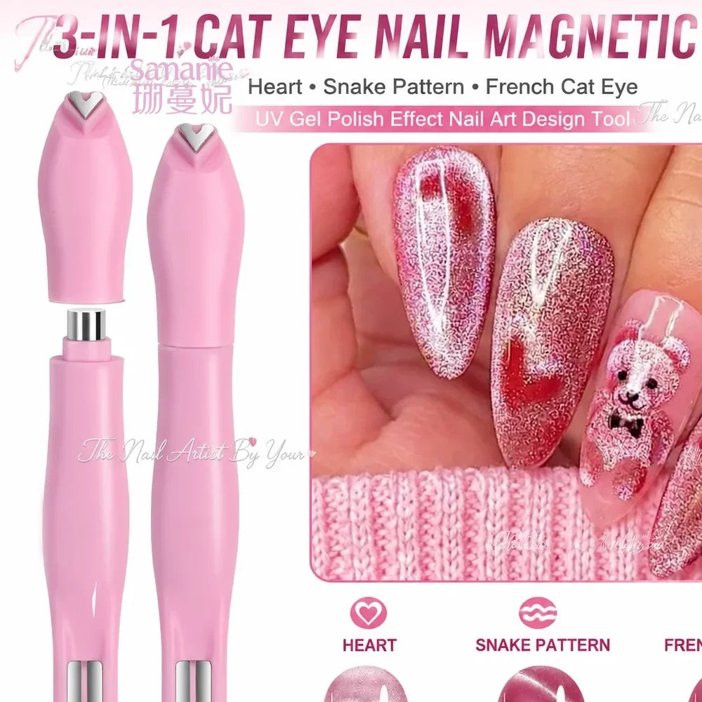 3 in 1 Cat Eye Nail Magnetic Stick Love Heart Snake Pattern French Cat Eye Nail Magnet UV Gel Polish Effect Manicure Design Tool Tri Light Beauty