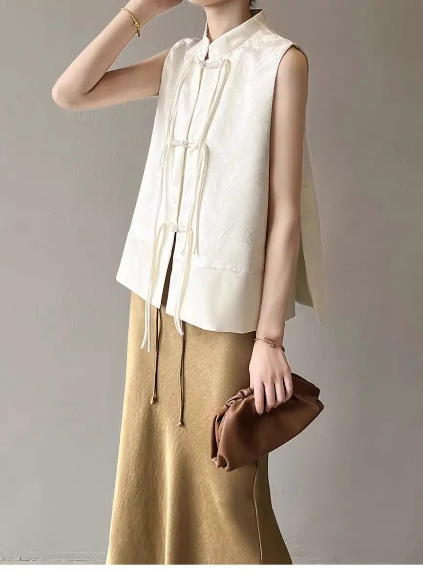 2026 spring new chinese new style plate buckle waistcoat jacket jacquard stand collar sleeveless retro women cheongsam waistcoat Pi-Mart