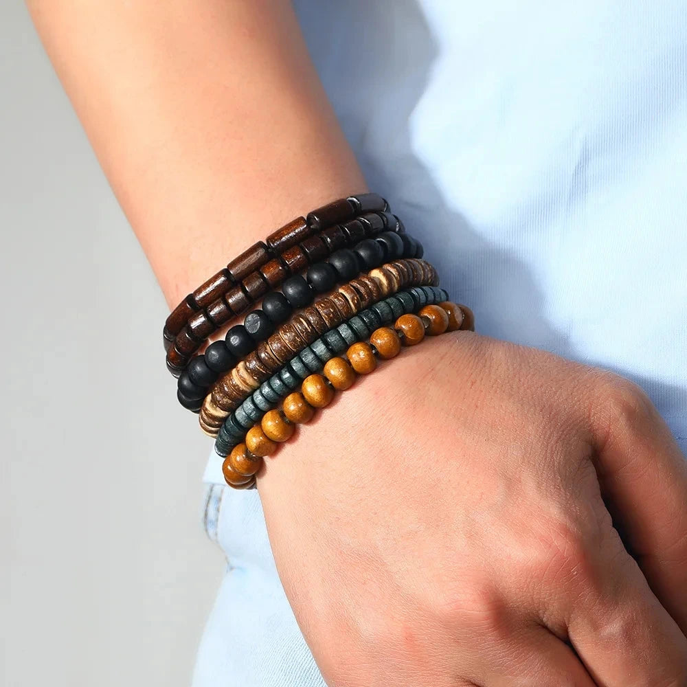 6/4PCS 3Style PU Wodeen Braided Wrap Leather Bracelet for Men Vintage Life Wood Beads Fashion Male Armband Pi-Mart
