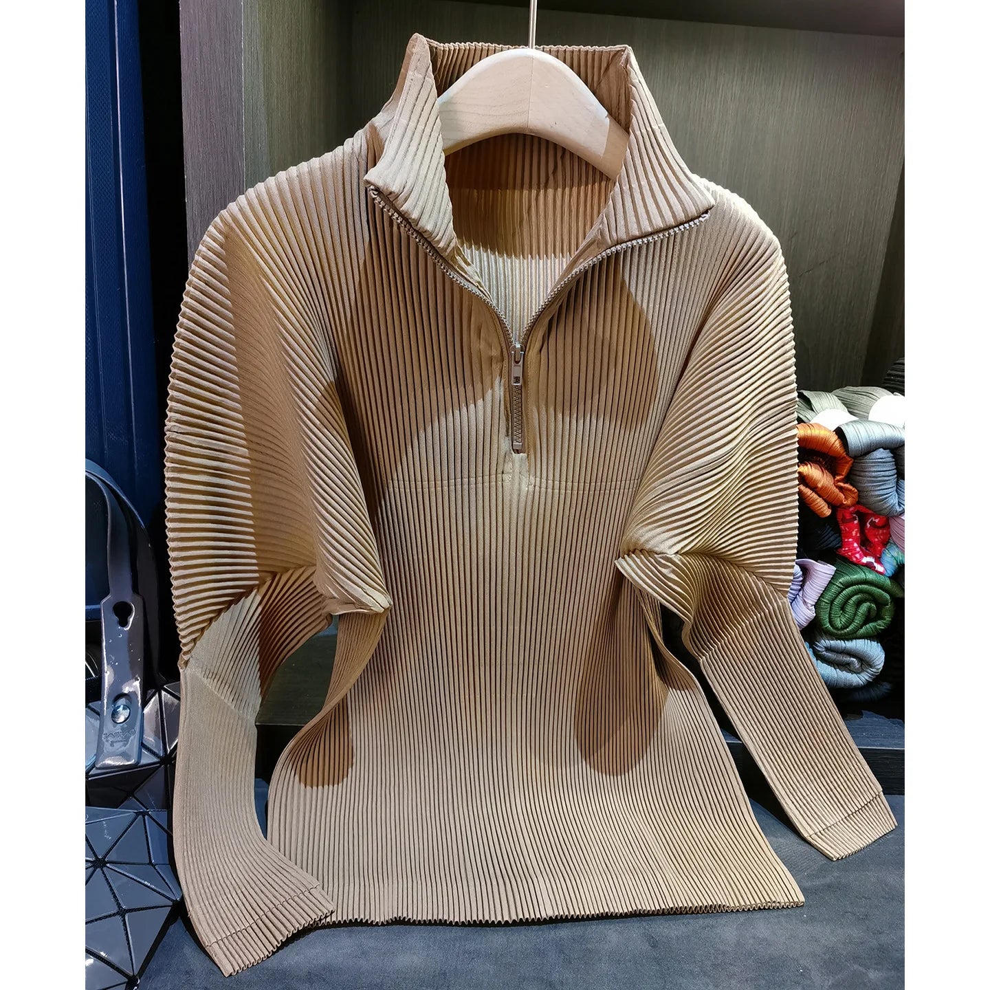 Miyake Pleated Sweatshirt Pit Stripe Zipper Standing Collar Jacket Women 2025 New Casual Pullover Hundred Pleat Skinny Tops LadyShow.Store