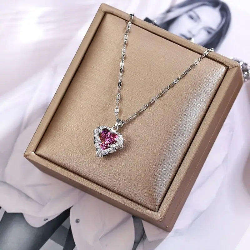 Top Luxury Colorful Crystal Ocean Heart Pendant Necklace For Women Trendy 316L Stainless Steel Jewelry Female Wedding Neck Chain Pi-Mart