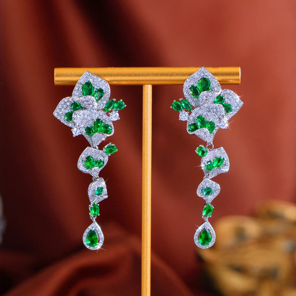 CWWZircons Elegant Green CZ Crystal Flower Water Drop Long Dangle Earrings for Women Beautiful Wedding Party Jewelry Gifts E1159 Pi-Mart