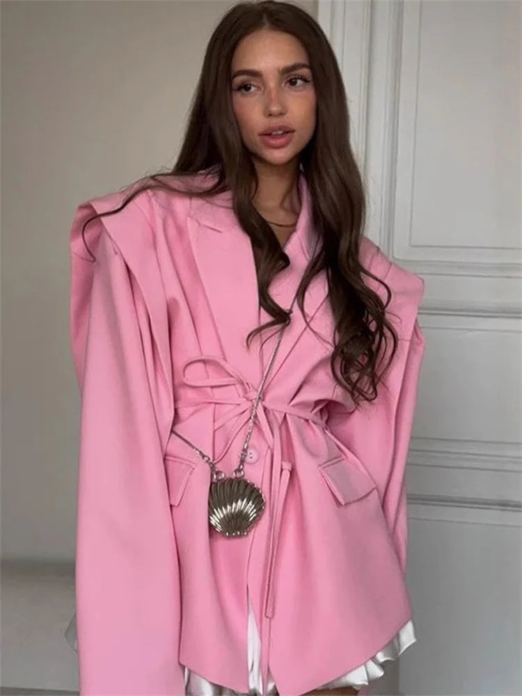Tossy Elegant Commute Suit jacket Female Lace-Up Loose Pocket Patchwork Lapel Party Looks Outwear For Women Bandage Coat jacket LadyShow.Store