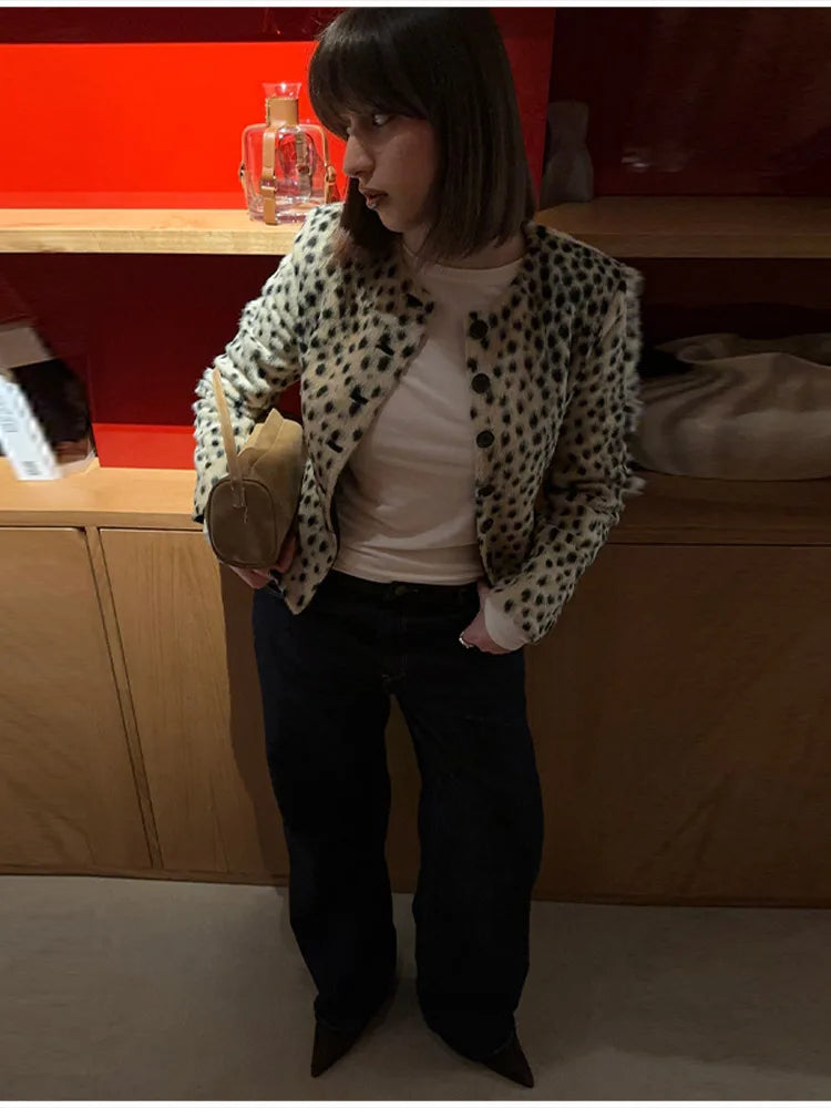 Retro Leopard Faux Fur Short Coat Lady Chic O-neck Single Button Placket Spotted Dot Cropped Long Sleeve Outerwear Street Jacket Pi-Mart